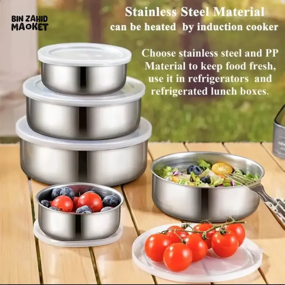 STAINLESS STEEL ROUND FOOD CONTAINERS – SET OF 5 HOUSEHOLD STORAGE BOXES FOR KITCHEN AND FRIDGE - Image 3