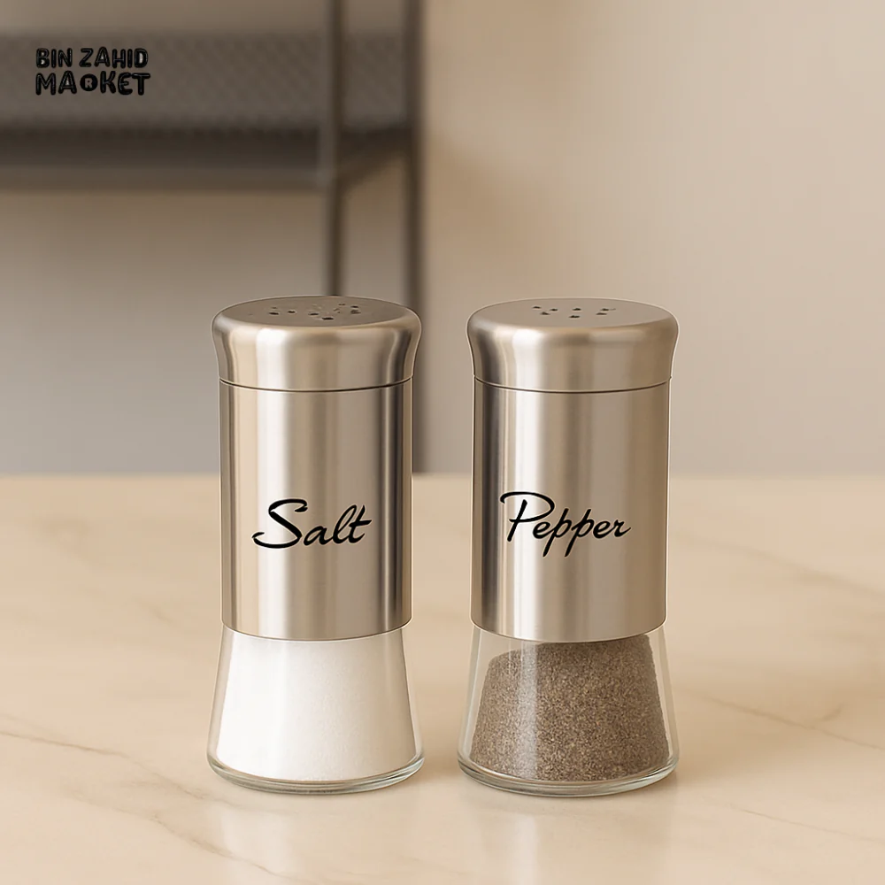 STAINLESS STEEL SALT AND PEPPER SHAKERS – MODERN KITCHEN SEASONING SET WITH GLASS BASE