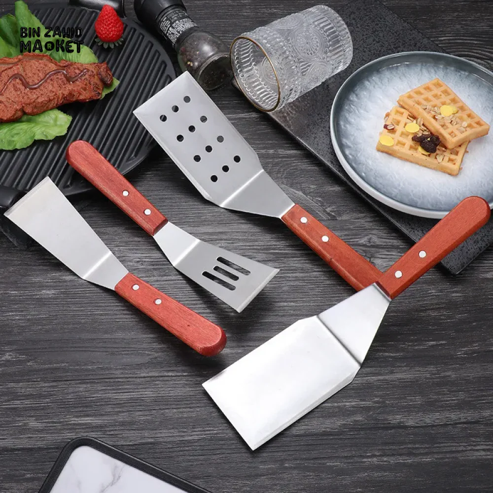 STAINLESS STEEL STEAK SPATULA WITH WOODEN HANDLE BBQ TURNER - Image 10