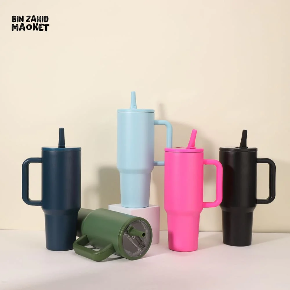 STAINLESS STEEL TUMBLER 40 OZ – VACUUM INSULATED TRAVEL MUG WITH STRAW & HANDLE KEEPS DRINKS HOT & COLD - PURPLE - Image 3