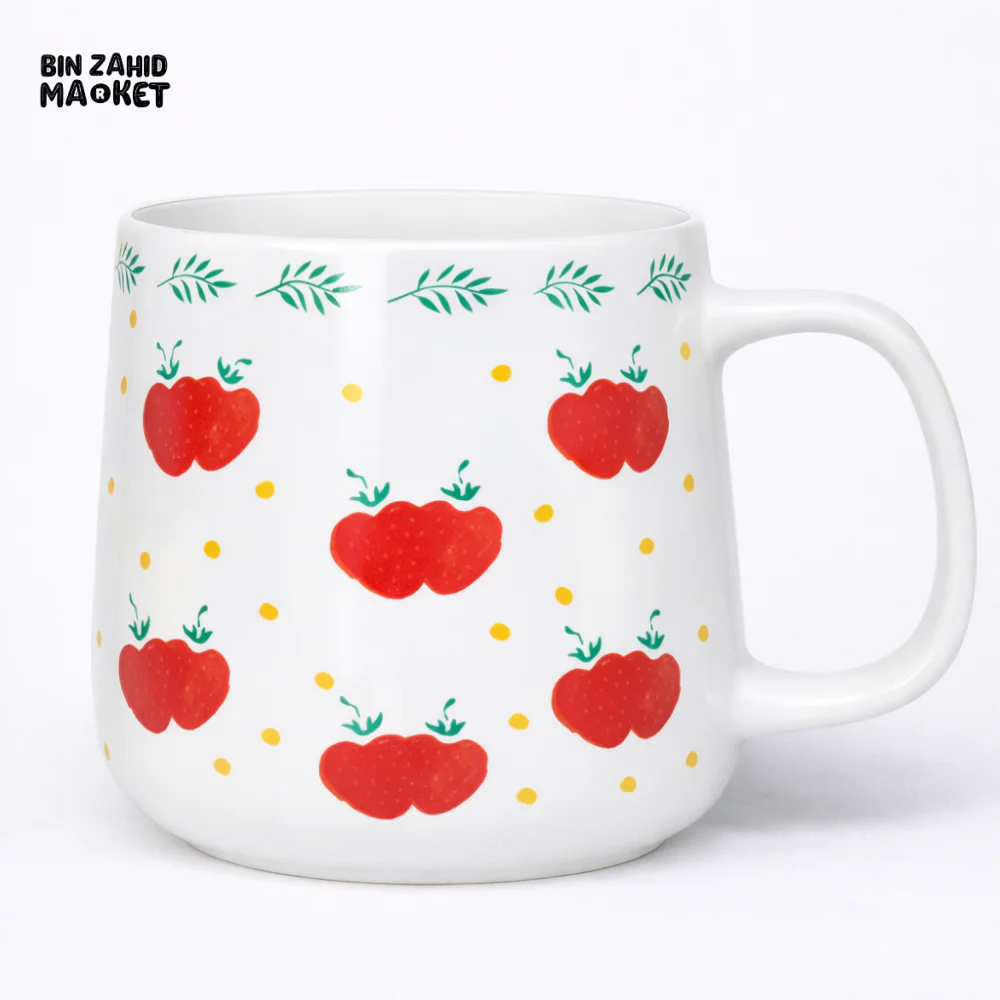 STRAWBERRY PRINT CERAMIC MUG – WHITE COFFEE & TEA CUP | CUTE FRUIT DESIGN