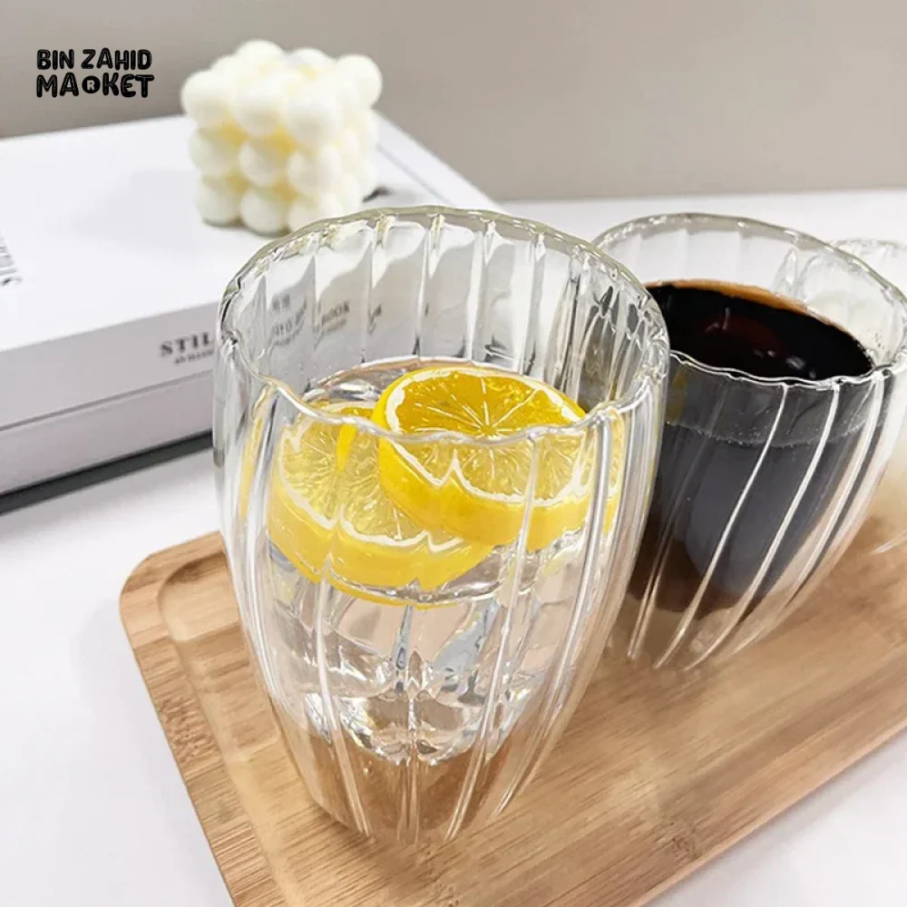 STRIPE DOUBLE WALL BOROSILICATE GLASS MUG 350ML – HEAT RESISTANT FOR TEA COFFEE JUICE - Image 3