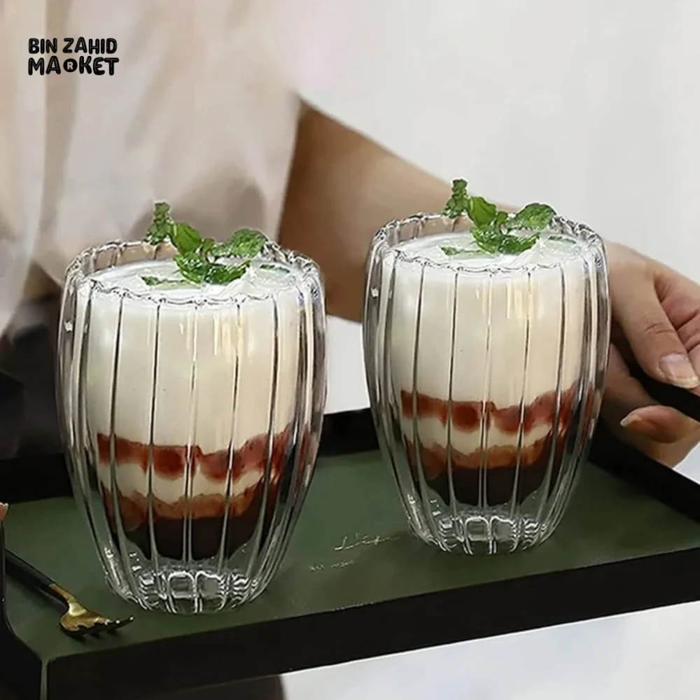 STRIPE DOUBLE WALL BOROSILICATE GLASS MUG 350ML – HEAT RESISTANT FOR TEA COFFEE JUICE - Image 4
