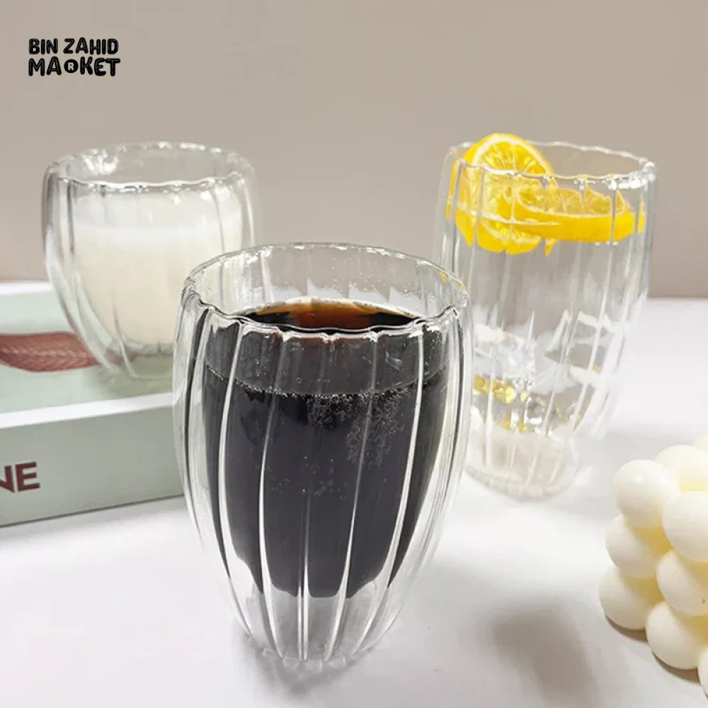 STRIPE DOUBLE WALL BOROSILICATE GLASS MUG 350ML – HEAT RESISTANT FOR TEA COFFEE JUICE - Image 7