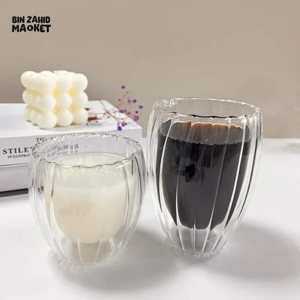 STRIPE DOUBLE WALL BOROSILICATE GLASS MUG 350ML – HEAT RESISTANT FOR TEA COFFEE JUICE - Image 9