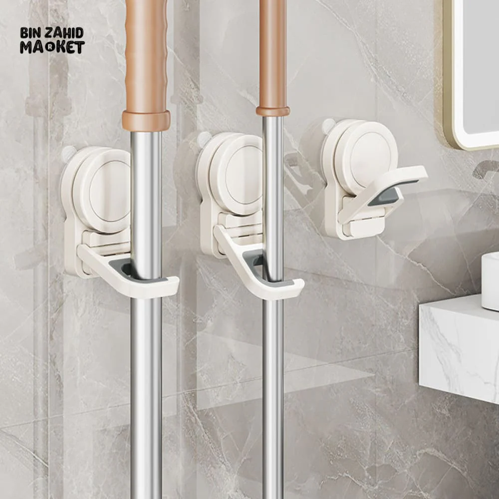 SUCTION CUP MOP HOLDER – WATERPROOF WALL MOUNT CLIP RACK FOR BROOM BRUSH & CLEANING TOOLS KITCHEN & BATHROOM STORAGE ORGANIZER
