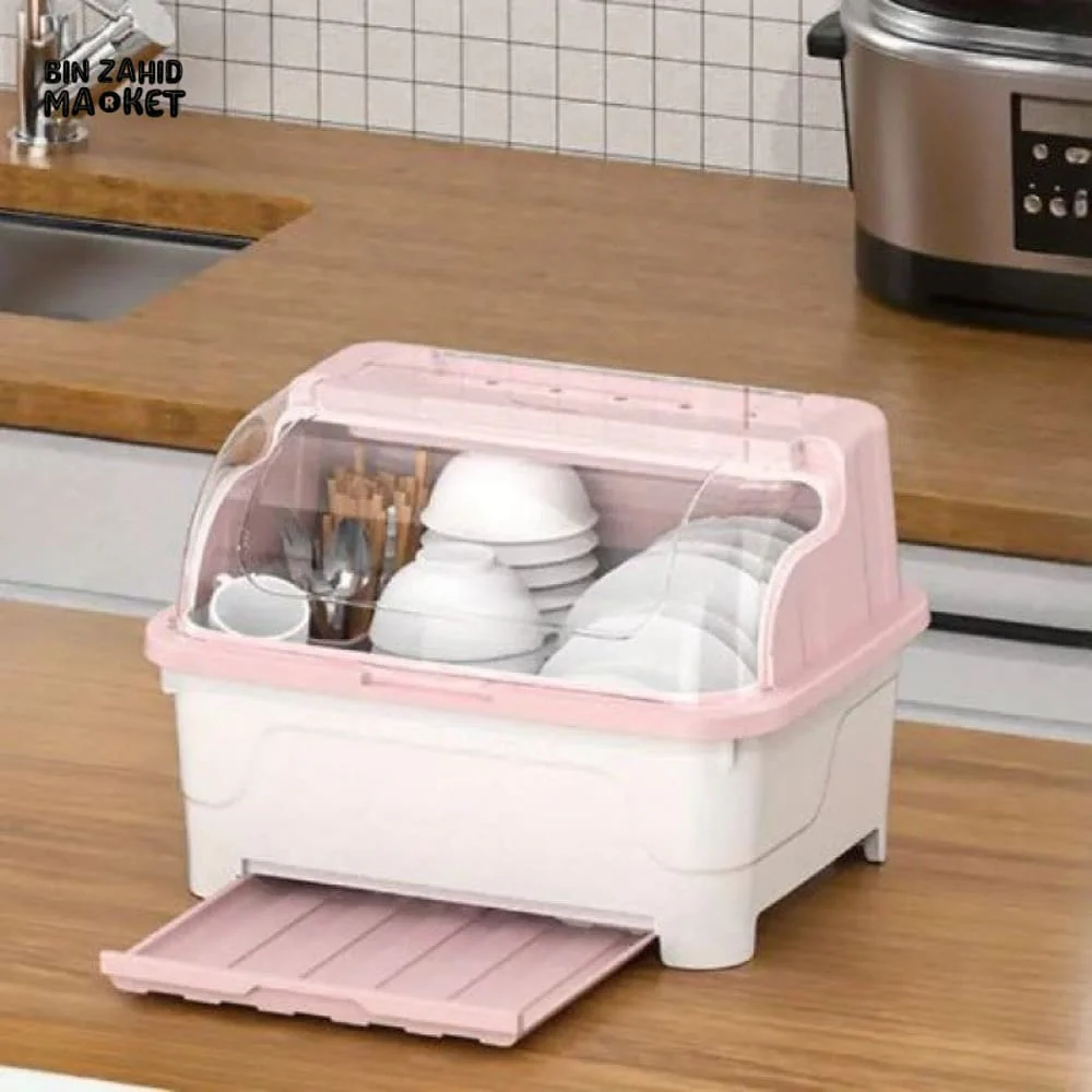 PREMIUM MULTI-FUNCTIONAL DUSTPROOF KITCHEN DISH STORAGE BOX WITH LID - PINK WHITE - Image 2