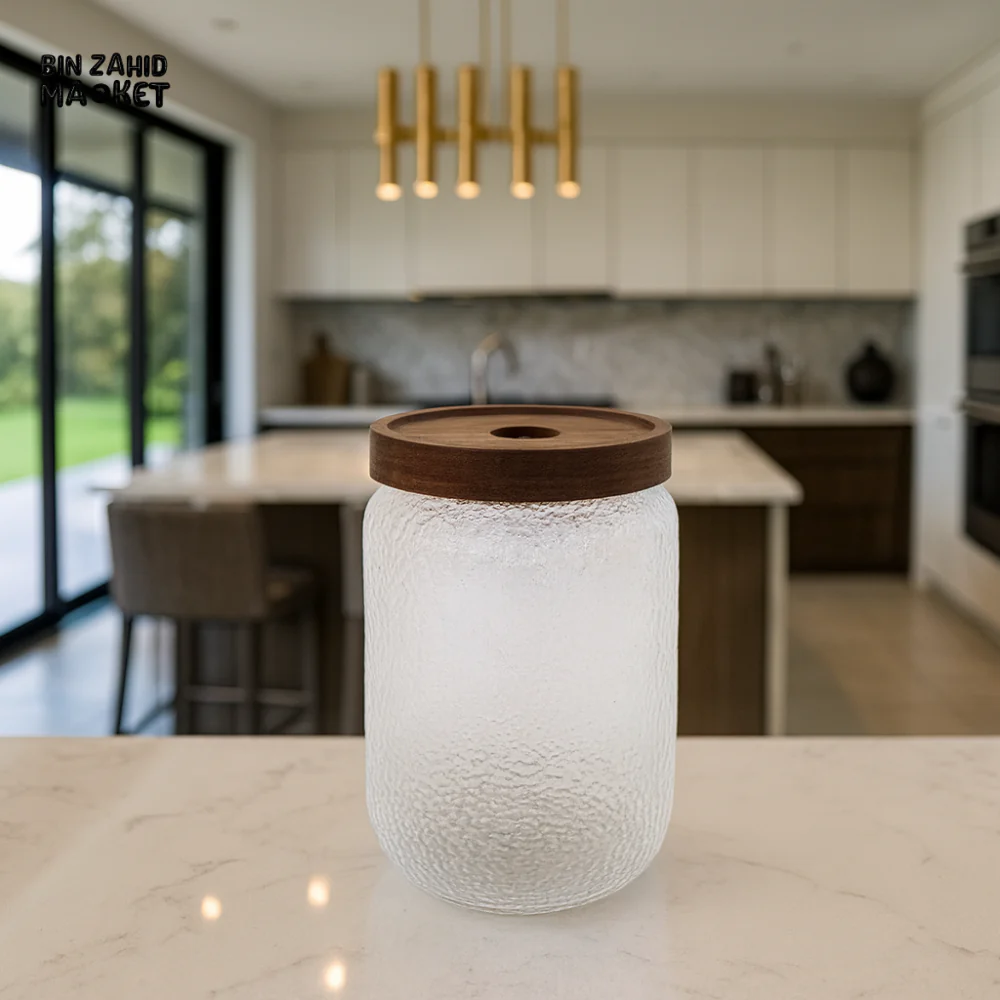 TEXTURED GLASS STORAGE JAR WITH WOODEN LID - 700ML BG45036