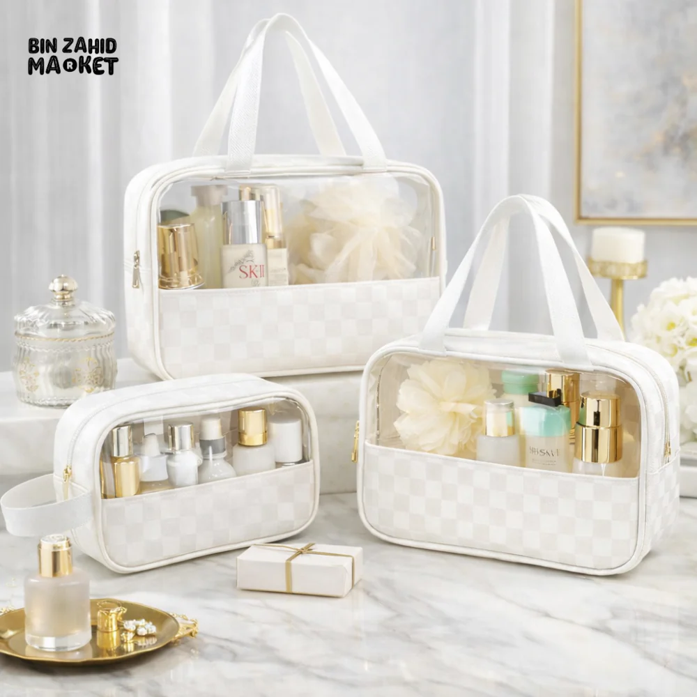 TRANSPARENT 3 PIECES COSMETIC & TOILETRY ORGANIZER BAG – PREMIUM TRAVEL MAKEUP STORAGE WITH HANDLE