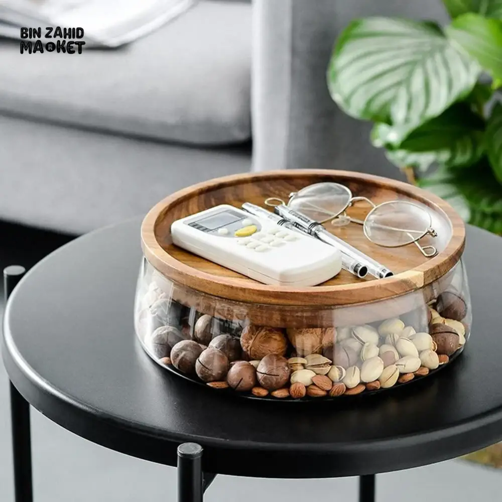 TRANSPARENT GLASS STORAGE CANISTER WITH WOODEN LID
