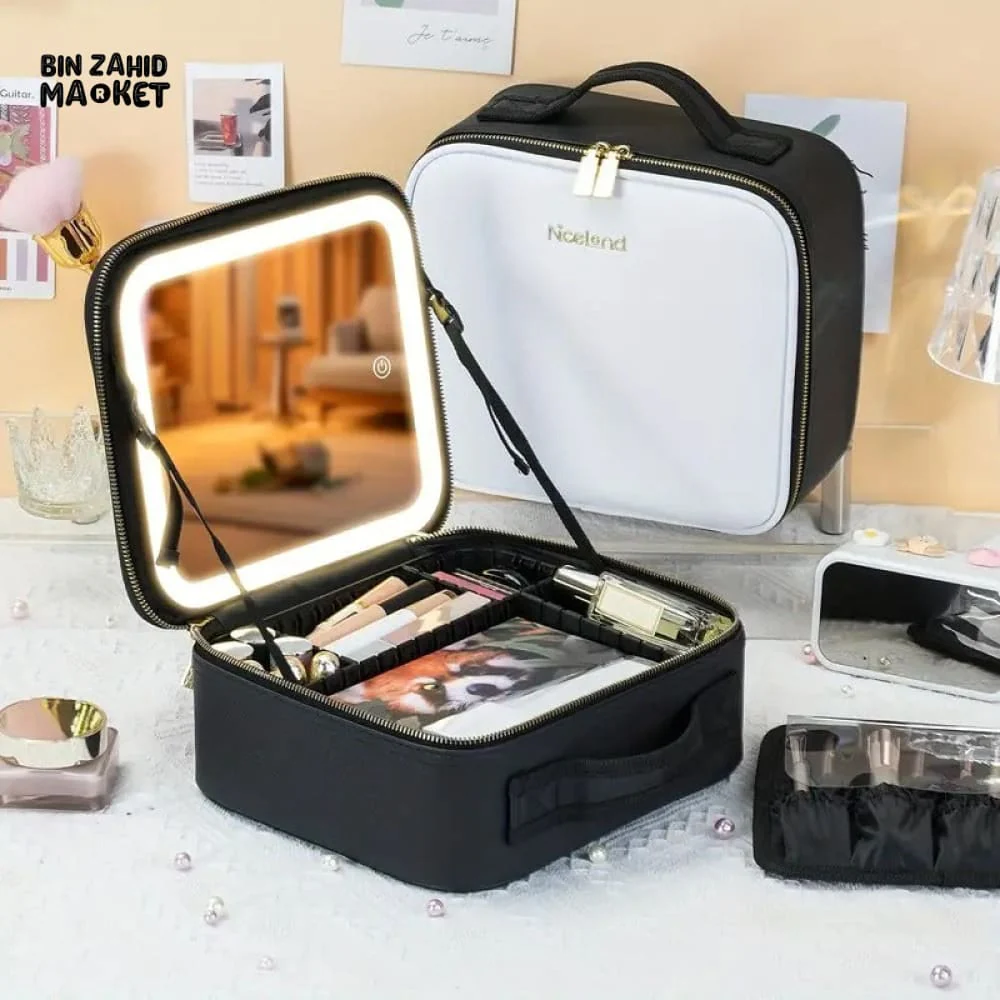 TRAVEL MAKEUP BAG WITH BUILT-IN MIRROR & LED LIGHT – WATERPROOF RECHARGEABLE 3-COLOR OPTIONS - Image 2