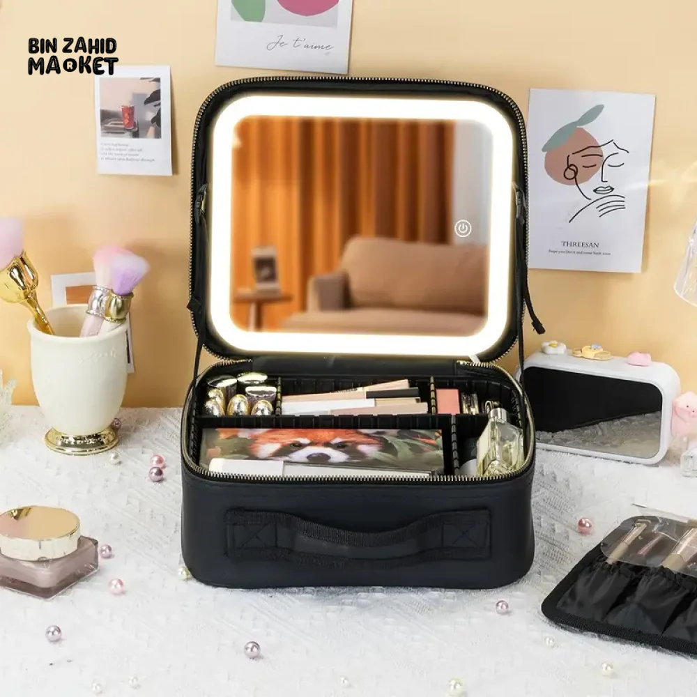 TRAVEL MAKEUP BAG WITH BUILT-IN MIRROR & LED LIGHT – WATERPROOF RECHARGEABLE 3-COLOR OPTIONS - Image 3