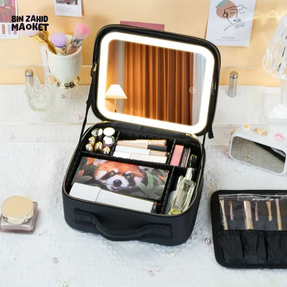 TRAVEL MAKEUP BAG WITH BUILT-IN MIRROR & LED LIGHT – WATERPROOF RECHARGEABLE 3-COLOR OPTIONS - Image 4