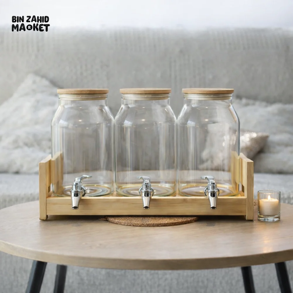 TRIPLE GLASS BEVERAGE DISPENSER SET WITH WOODEN STAND 2 LITRE | LUXURY HOME