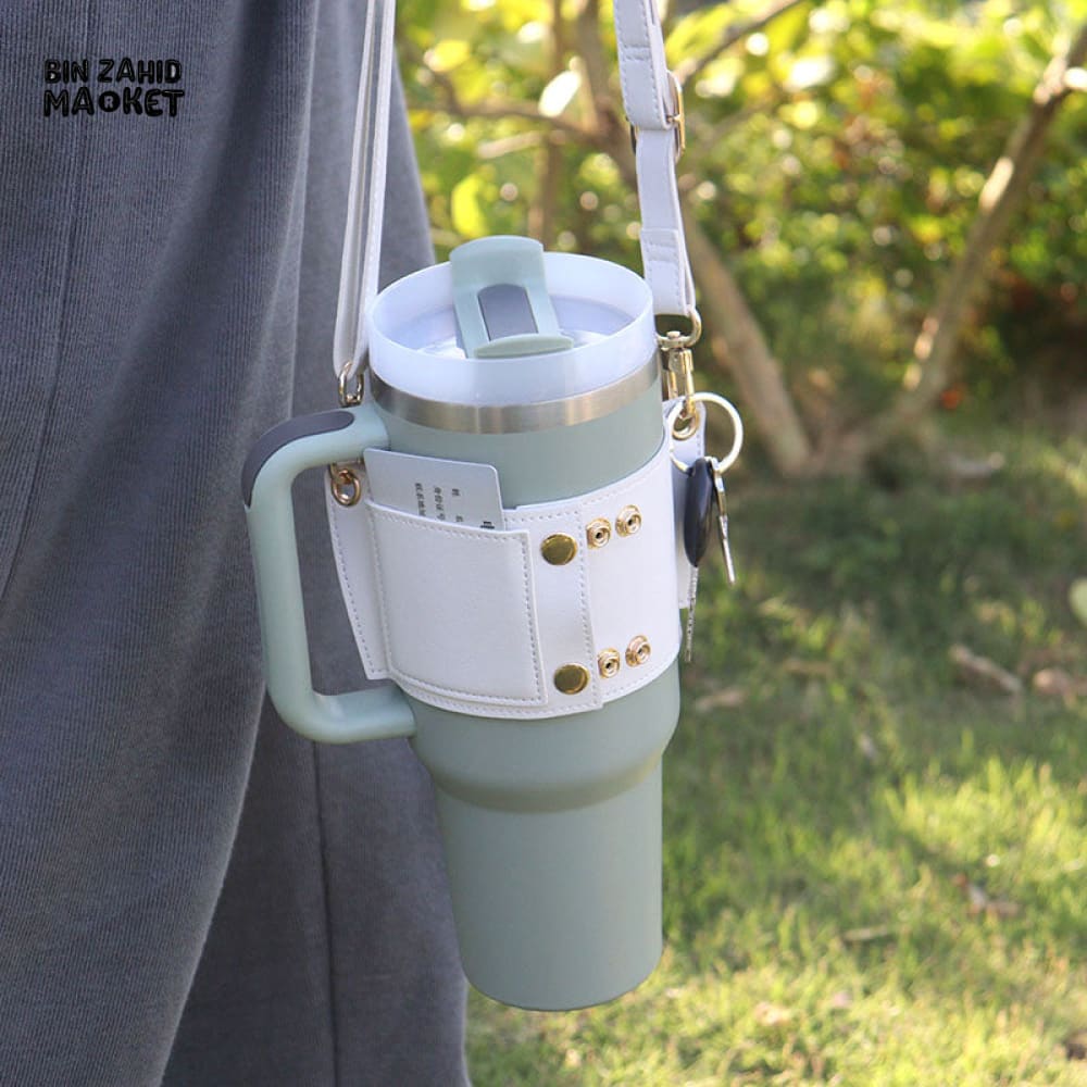 PREMIUM LEATHER SHOULDER BAG FOR STANLEY MUGS | LUXURY PORTABLE WATER BOTTLE CARRIER WITH ADJUSTABLE STRAP FOR TRAVEL & EVERYDAY USE - Image 2