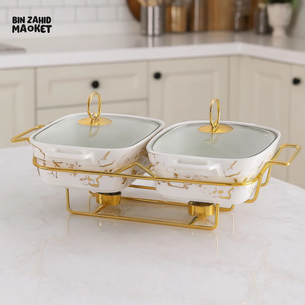 TWIN RECT MARBLE CHAFING DISH SET 11.5" – DOUBLE CERAMIC WITH GOLD FRAME - WHITE MARBLE