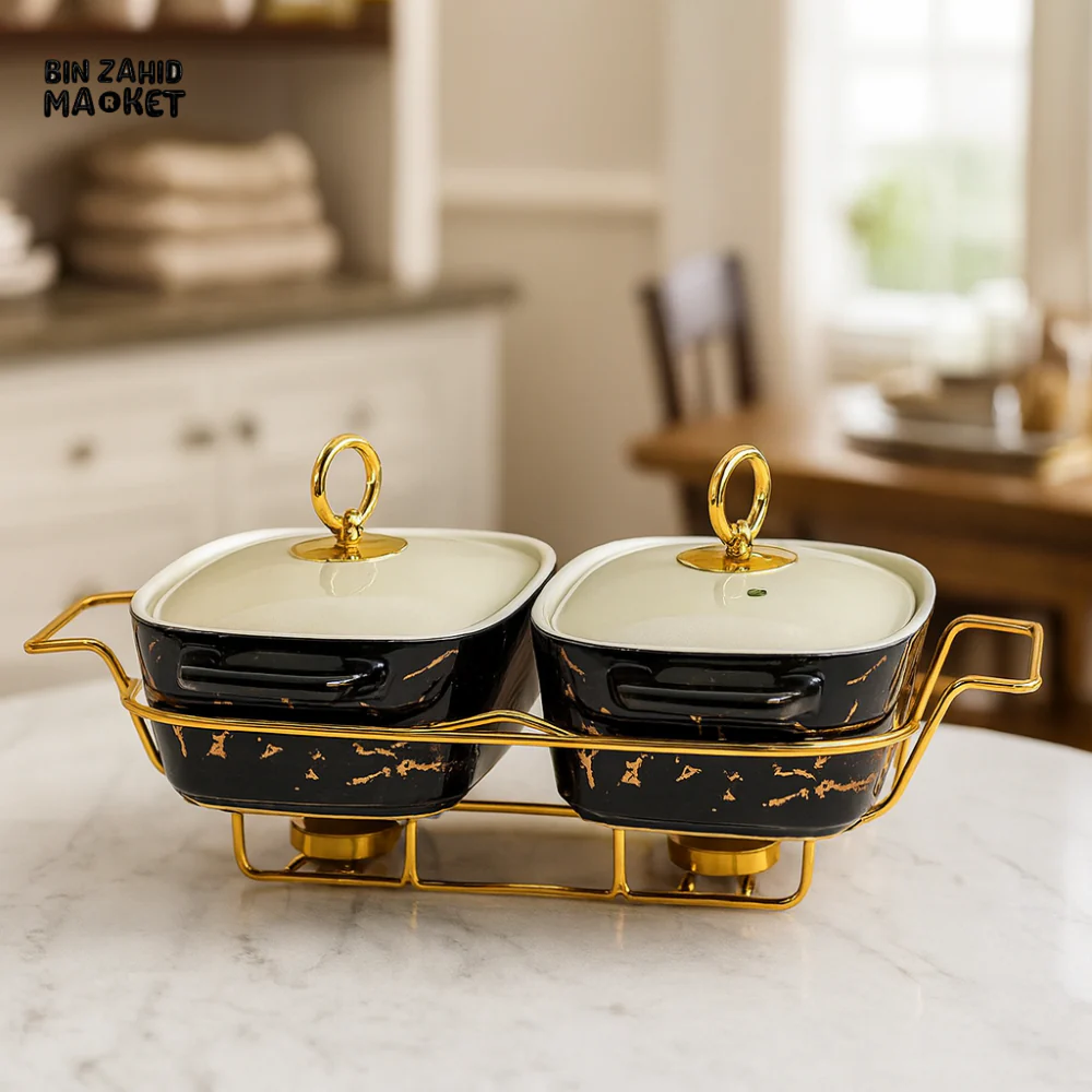 TWIN RECT MARBLE CHAFING DISH SET 11.5" – DOUBLE CERAMIC WITH GOLD FRAME - BLACK MARBLE