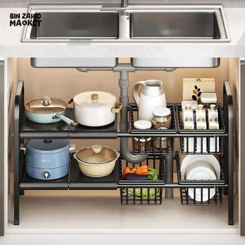UNDER SINK ADJUSTABLE POT RACK – MULTIFUNCTIONAL STORAGE FOR DISHES PANS SNACKS AND COOKWARE - Image 2