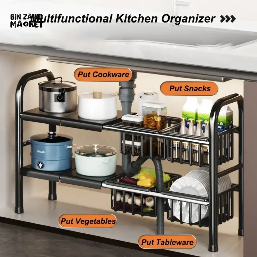 UNDER SINK ADJUSTABLE POT RACK – MULTIFUNCTIONAL STORAGE FOR DISHES PANS SNACKS AND COOKWARE - Image 3