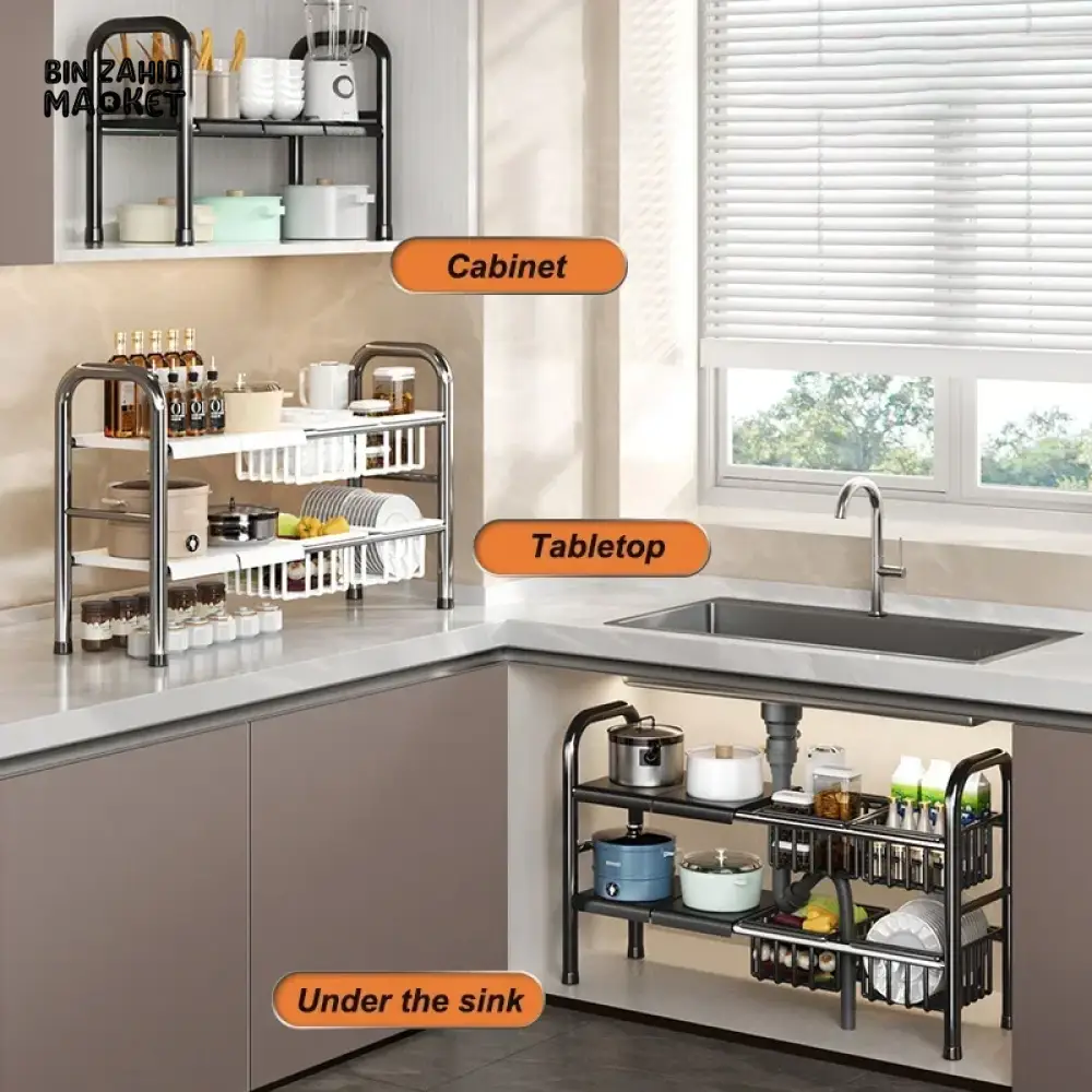 UNDER SINK ADJUSTABLE POT RACK – MULTIFUNCTIONAL STORAGE FOR DISHES PANS SNACKS AND COOKWARE - Image 4