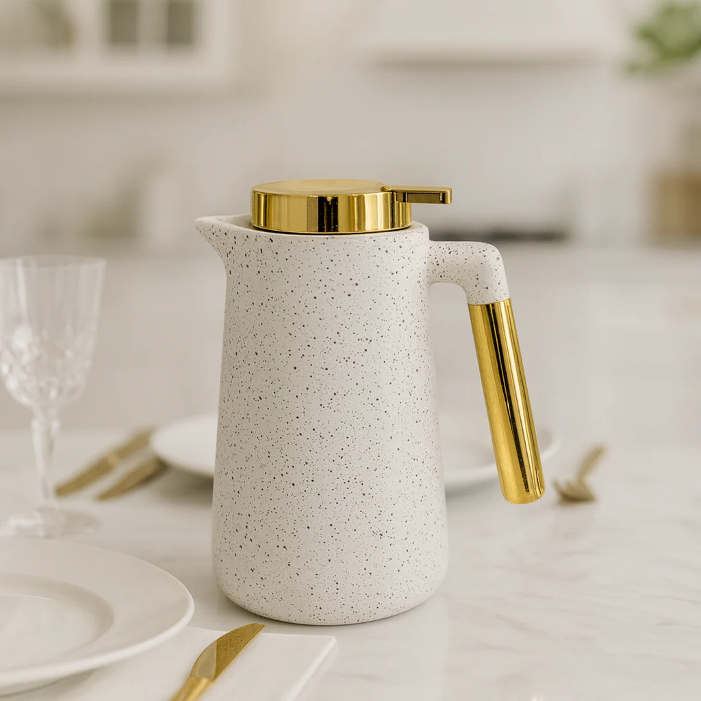 VACUUM FLASK CARAFE 1 LITRE– WHITE STONE TEXTURE GOLD ACCENTS