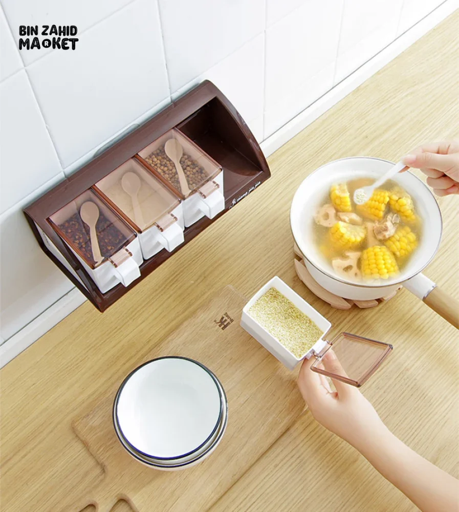 WALL-MOUNTED 4-COMPARTMENT SEASONING POT SET KITCHEN SALT & SPICE STORAGE BOXES - Image 2