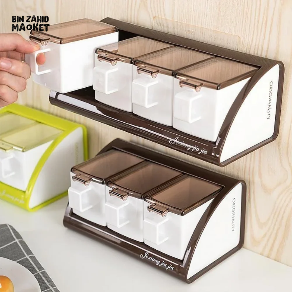 WALL-MOUNTED 4-COMPARTMENT SEASONING POT SET KITCHEN SALT & SPICE STORAGE BOXES - Image 3