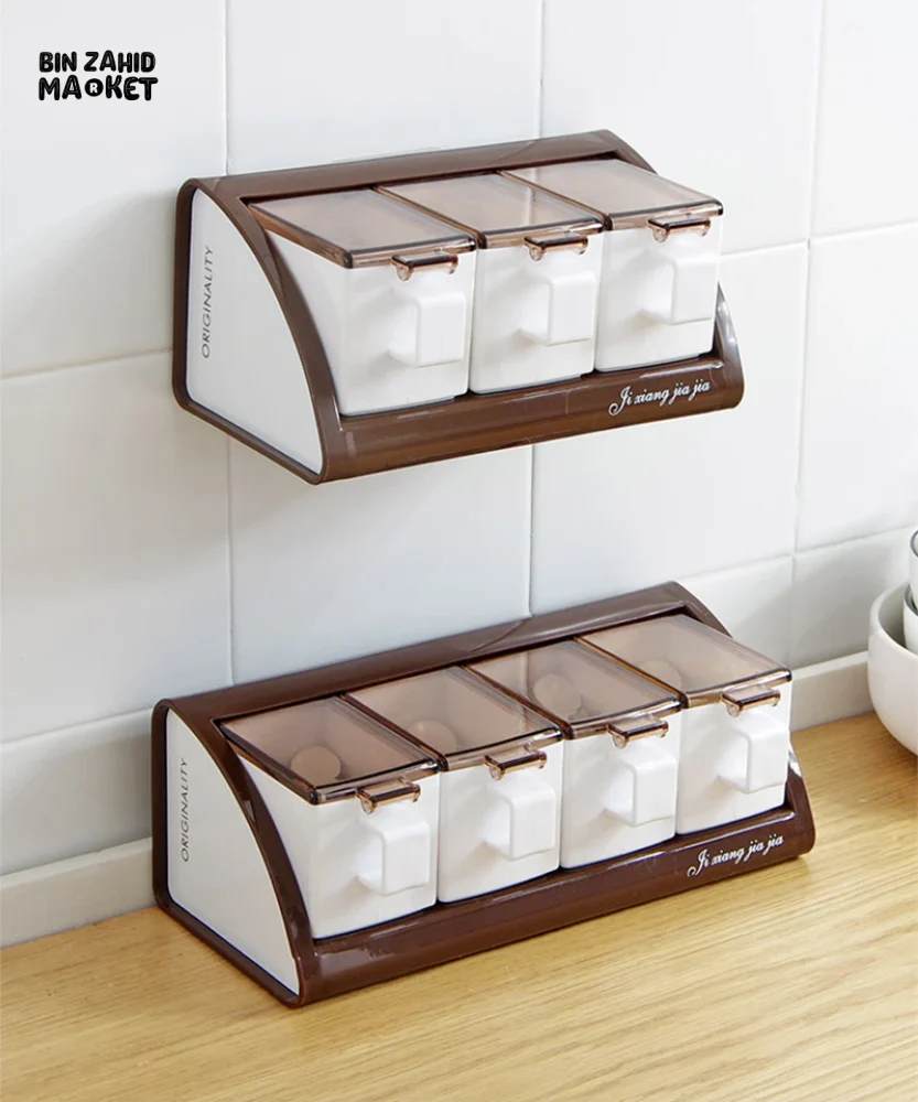 WALL-MOUNTED 4-COMPARTMENT SEASONING POT SET KITCHEN SALT & SPICE STORAGE BOXES - Image 4