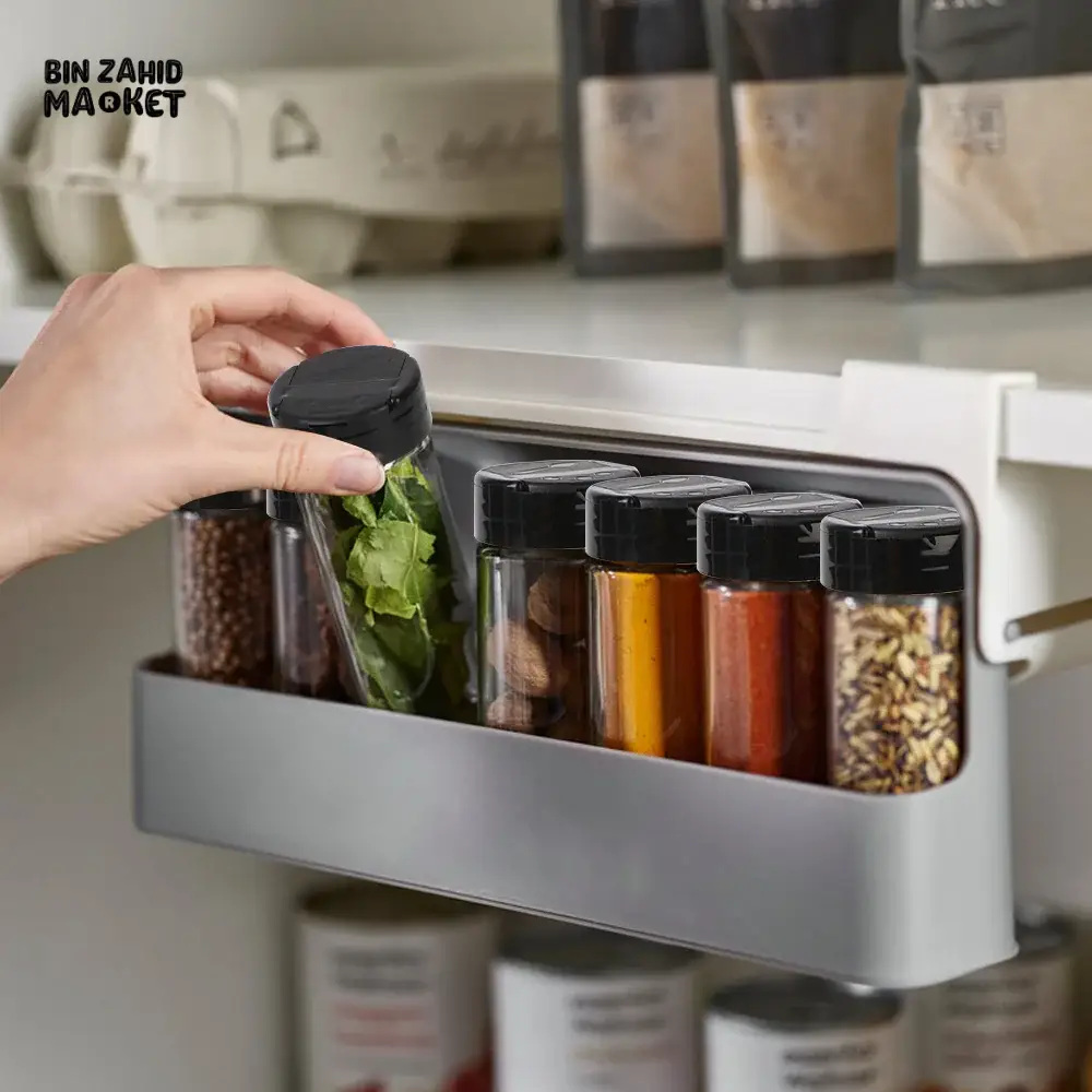 WALL-MOUNTED SEASONING BOX – NO-DRILL ADJUSTABLE SPICE RACK WITH FREE 6 JARS MULTIFUNCTIONAL CONDIMENT CONTAINER SET FOR SALT & SPICES STORAGE - Image 2