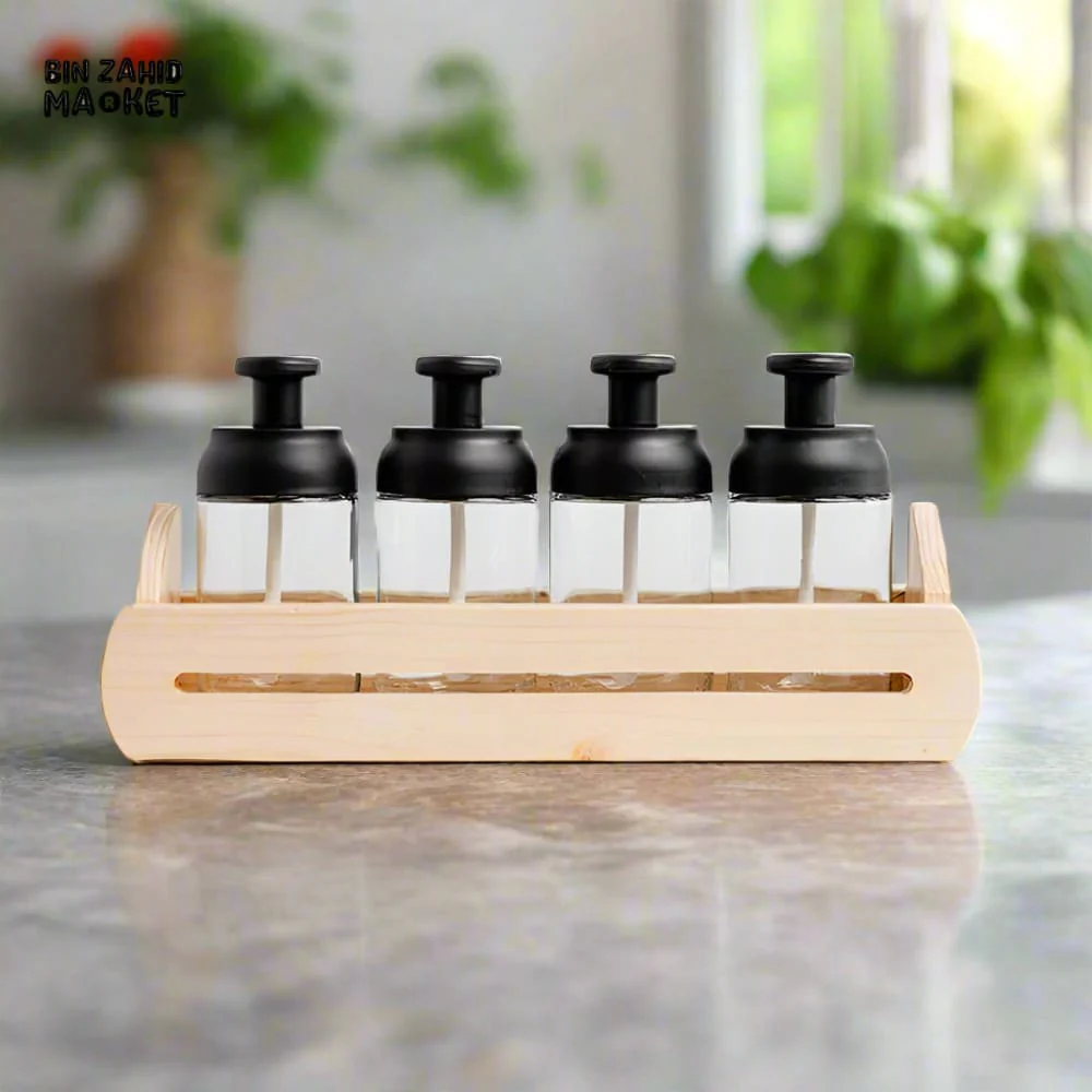 WOODEN BASE SPICE CONTAINER SET – 4-IN-1 GLASS JARS FOR SEASONINGS - Image 2
