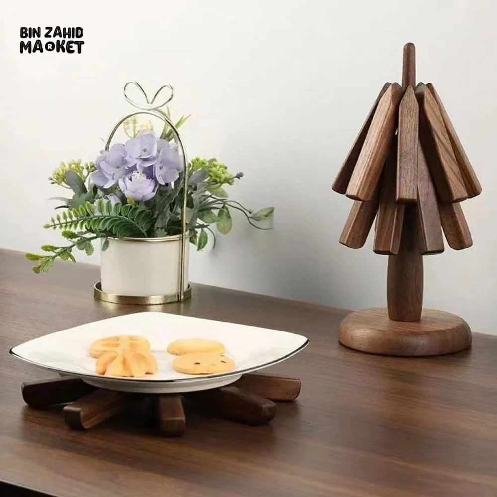 WOODEN FOLDABLE COASTER SET | MULTIFUNCTIONAL TABLE MAT & STAND NATURAL WALNUT FINISH -