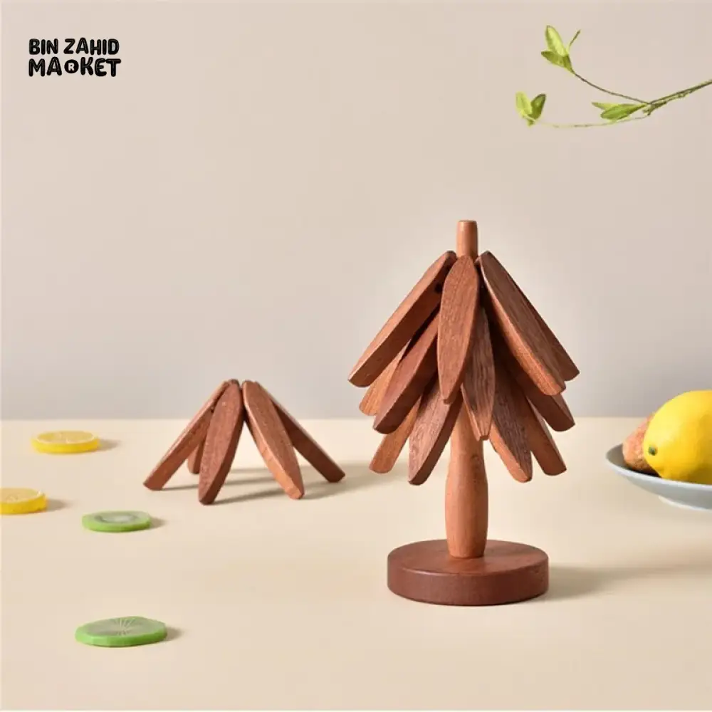 WOODEN FOLDABLE COASTER SET | MULTIFUNCTIONAL TABLE MAT & STAND NATURAL WALNUT FINISH - - Image 3