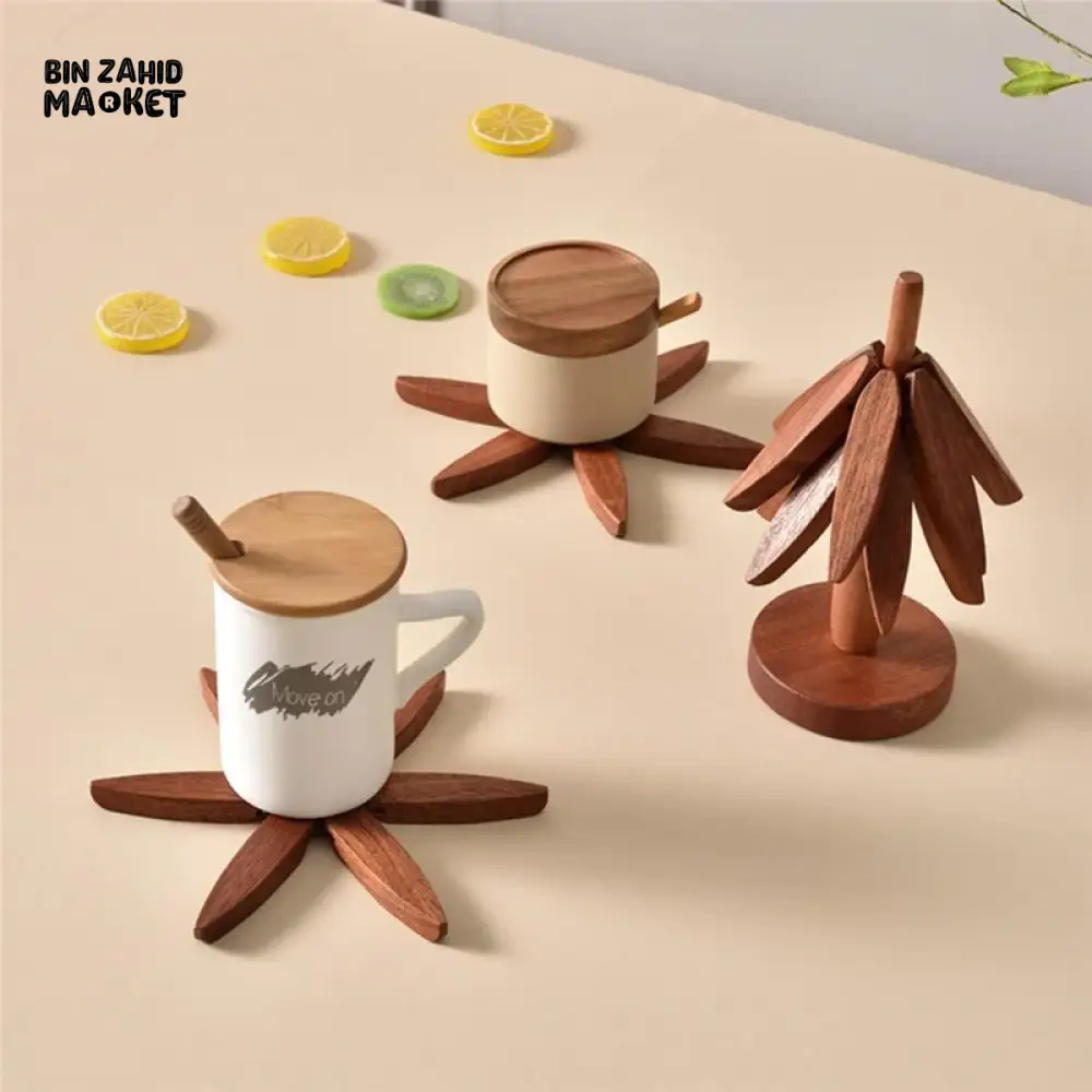 WOODEN FOLDABLE COASTER SET | MULTIFUNCTIONAL TABLE MAT & STAND NATURAL WALNUT FINISH - - Image 4
