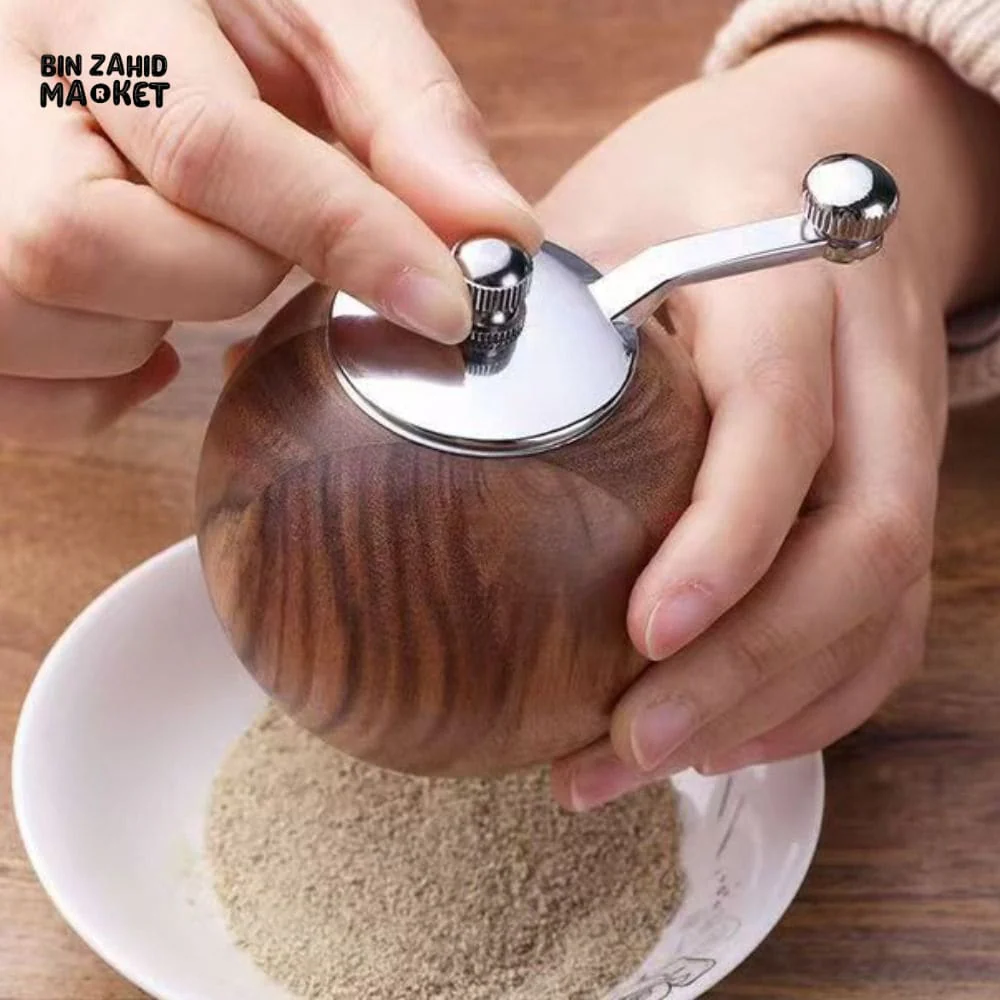 WOODEN SPHERICAL PEPPER MILL – CERAMIC GRINDING CORE LARGE CAPACITY MANUAL PEPPER GRINDER AND-CRANKED SALT & PEPPER BOTTLE - Image 3