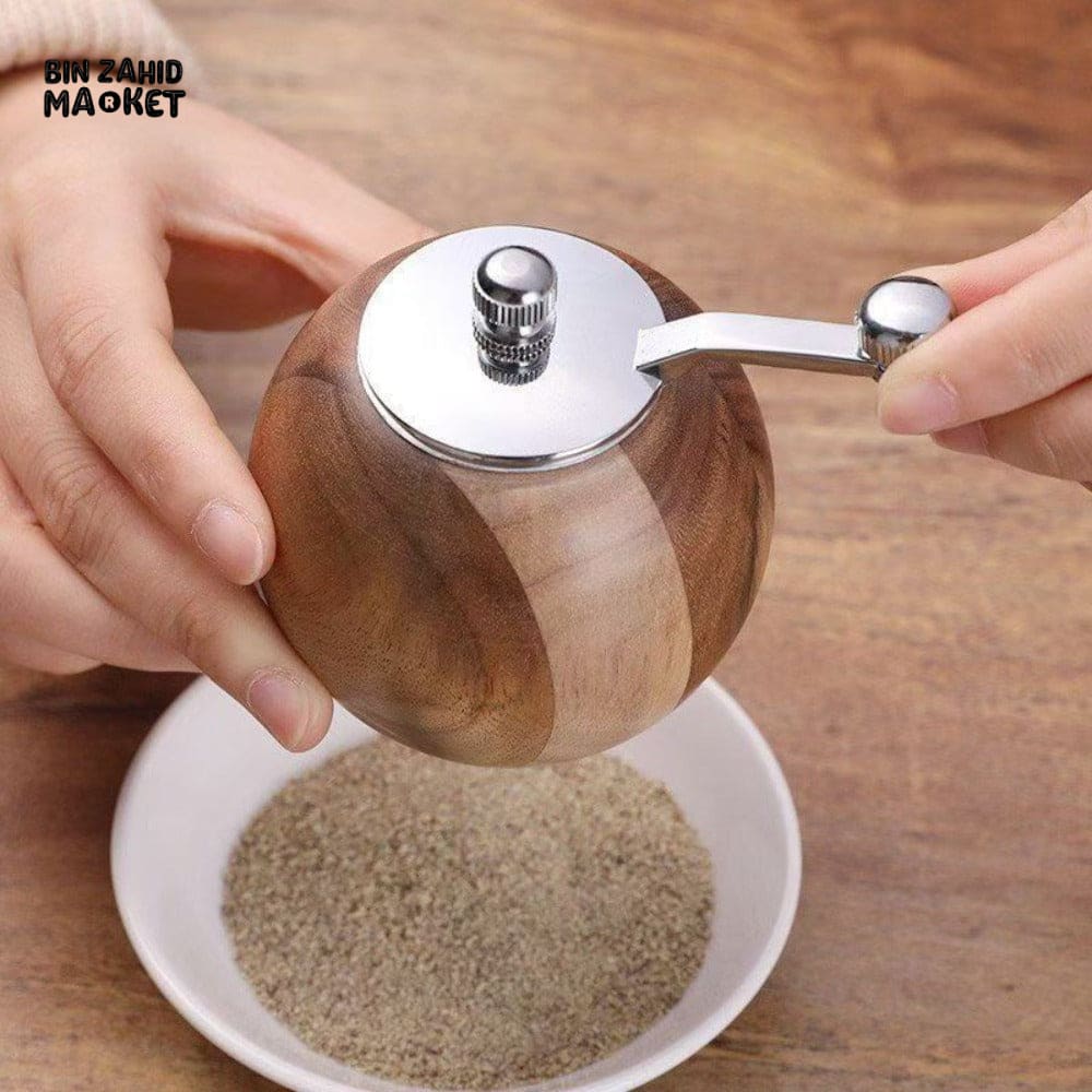 WOODEN SPHERICAL PEPPER MILL – CERAMIC GRINDING CORE LARGE CAPACITY MANUAL PEPPER GRINDER AND-CRANKED SALT & PEPPER BOTTLE - Image 4