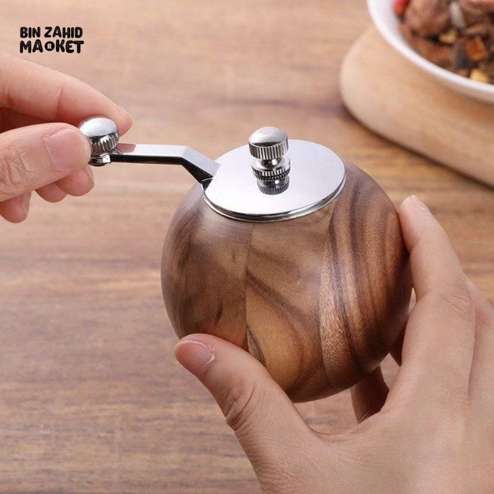 WOODEN SPHERICAL PEPPER MILL – CERAMIC GRINDING CORE LARGE CAPACITY MANUAL PEPPER GRINDER AND-CRANKED SALT & PEPPER BOTTLE - Image 5