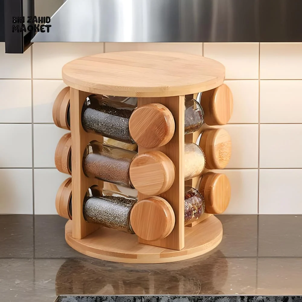 WOODEN SPICE ORGANIZER – ROTATING SPICE JAR HOLDER & STORAGE SHELF FOR KITCHEN SALTPEPPER AND SEASONING CONTAINERS - Image 3