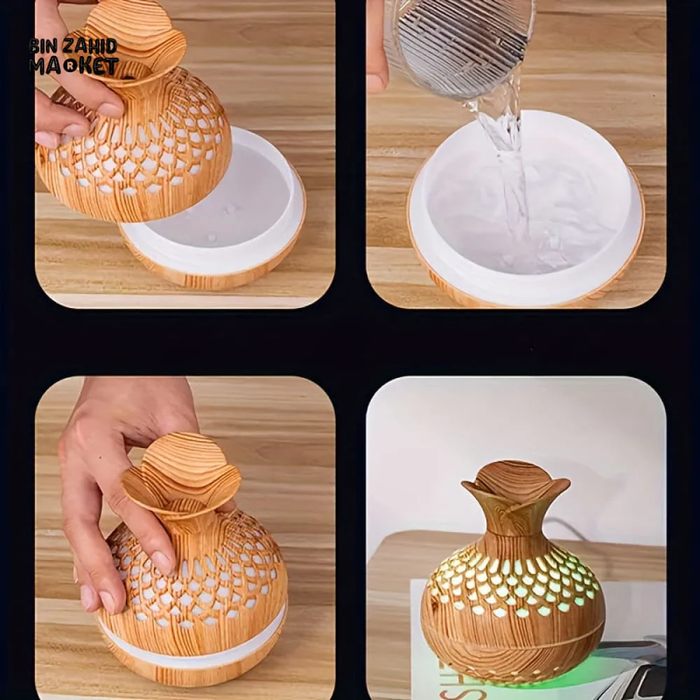 WOODEN VASE AROMATHERAPY DIFFUSER – USB COOL MIST HUMIDIFIER WITH COLORFUL LED LIGHT - Image 5